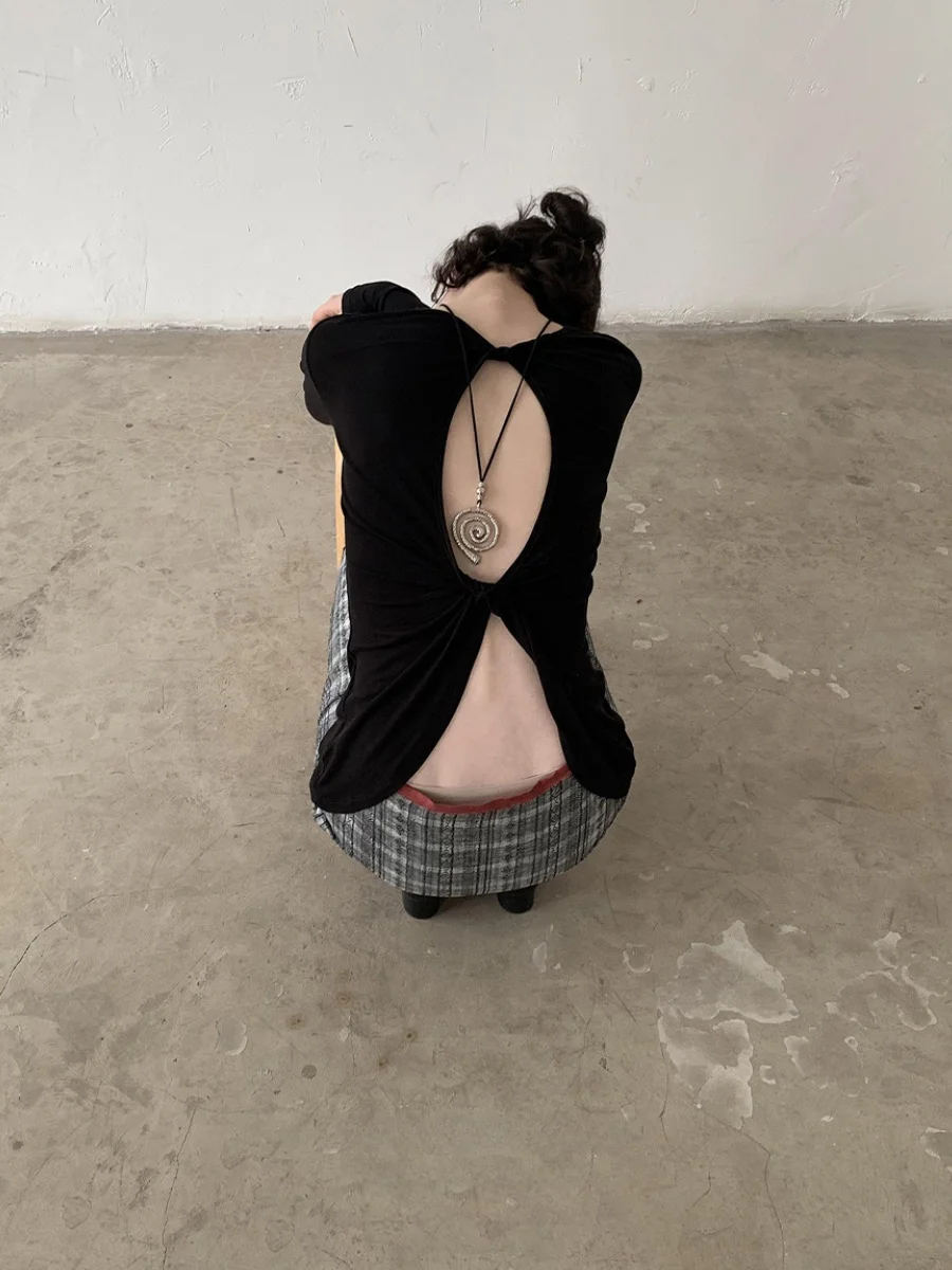 

DKZ Long Sve T-irt Women's Autumn New Ba Knot Hollow Design Top Casual Sle Loose Fit Breathable Comfortable Cotton B...