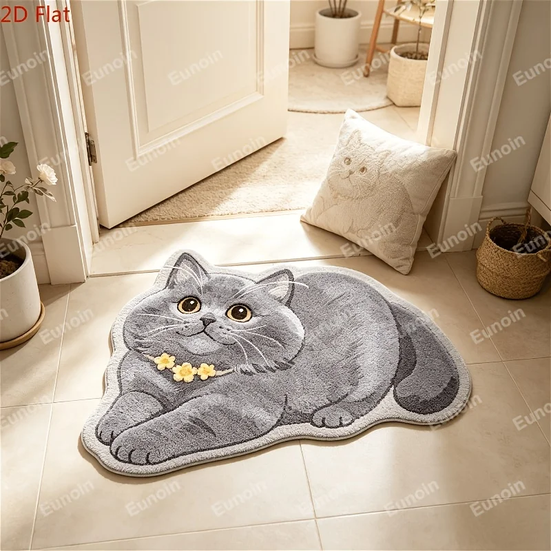 VIKAMA Chubby Grey Cat With Flower Necklace Shaped Mat 2D Tufted Print Non Slip Balcony Bedroom Irregular Decor Doormat