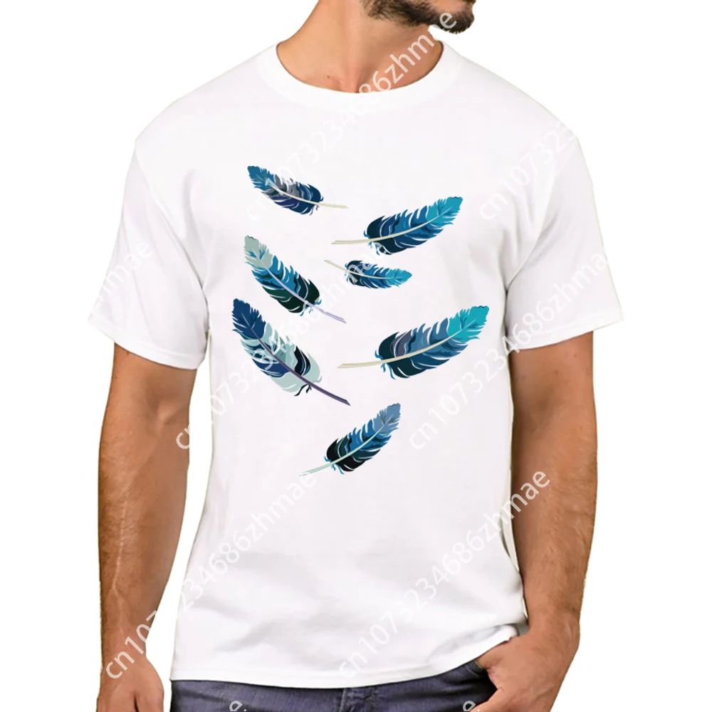 Spring Men T-Shirt Blue Feathers Printed T Shirts Fashion Casual Short Sleeve Tshirts Boy Harajuku Tee