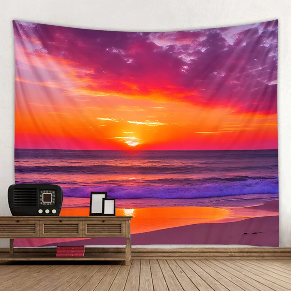 Bohemian tapestry wall hanging, hippie wallpaper, sea view sunrise, living room bedroom, blanket, bed sheet, beach towel