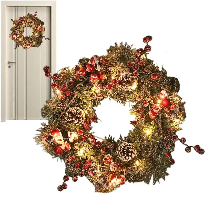 Pine Cone Christmas Wreath Holiday Wreath Front Door Decorations 40cm/15.7inch Artificial Red Berry Clusters Pine Needle Wreaths