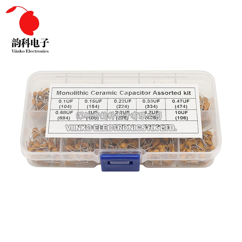 

500pcs Multilayer Ceramic Capacitor Assorted Kit 50V 10values*50pcs 0.1uF - 10uF Monolithic Capacitance Set with Box