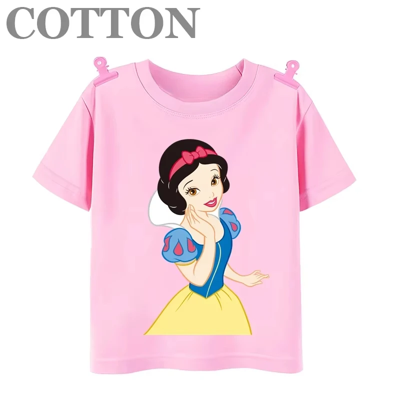 

2025 Disney Cartoon Snow White T-shirt Girl Baby Cotton Princess Fashion Summer Children's Cartoon Round Neck Short Sleeve