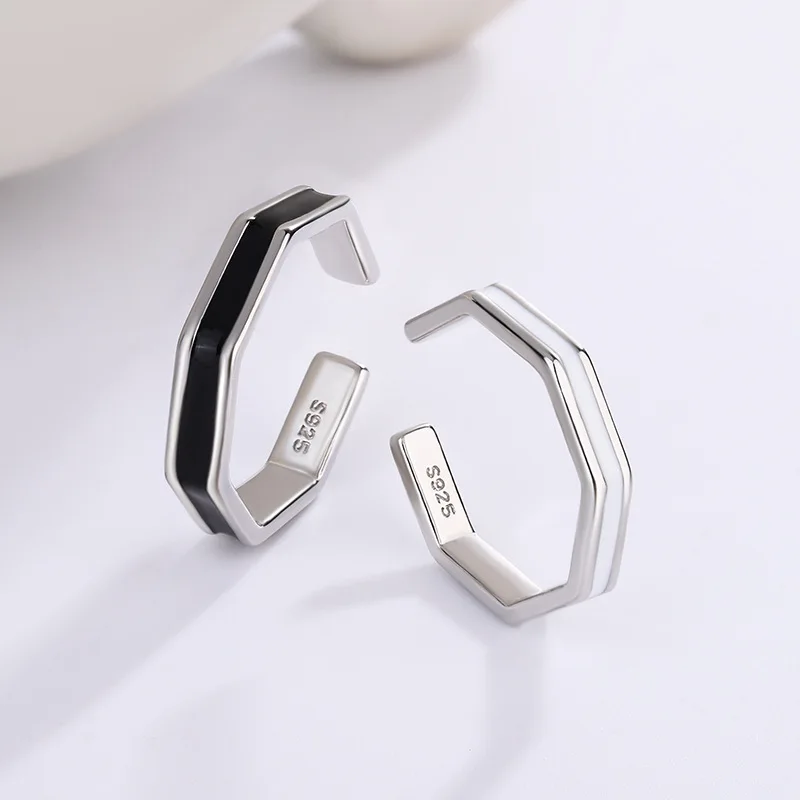 Women's 925 Sterling Silver Black & White Adjustable Ring