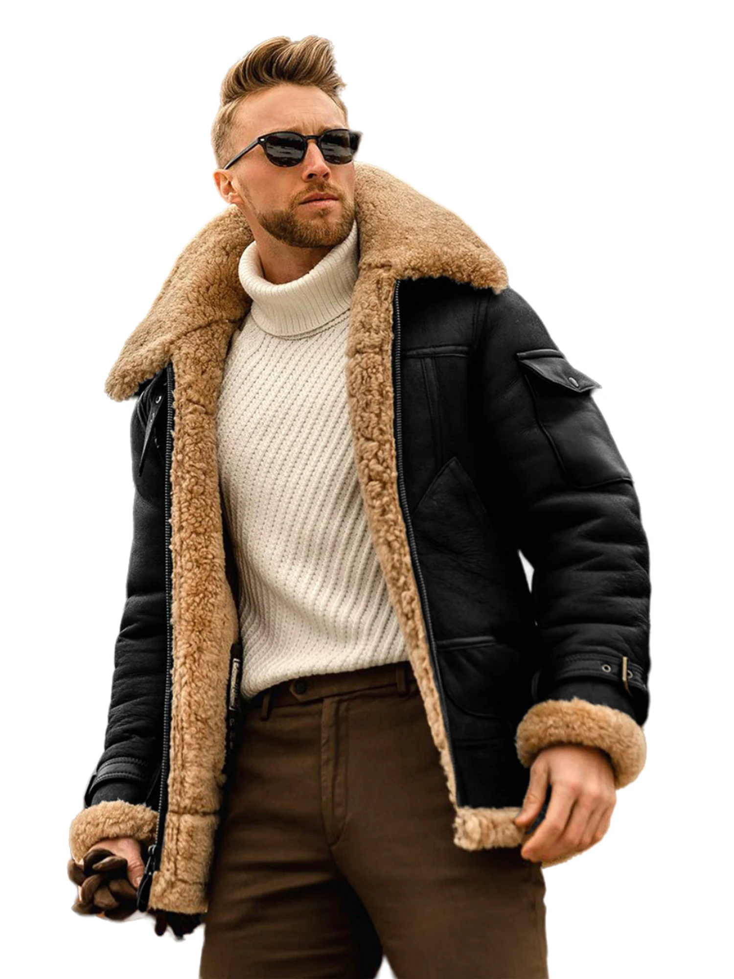 

Men s Zip Up Leather Jacket Woolen Fleece Long Sleeve Contrast Color Pockets Lapel Neck Casual Coat