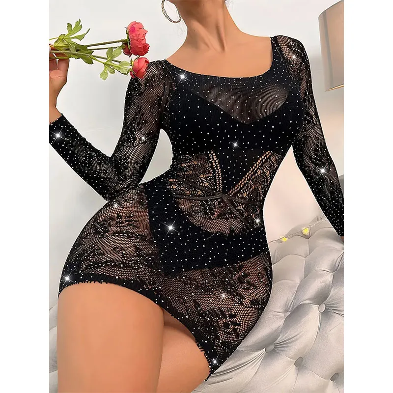 Women Mesh Glisten Rhinestone Erotic Sexy Lingerie Lace Dress Maid Cosplay Lolita Costume Teddy BabyDoll Perspectivity Dresses