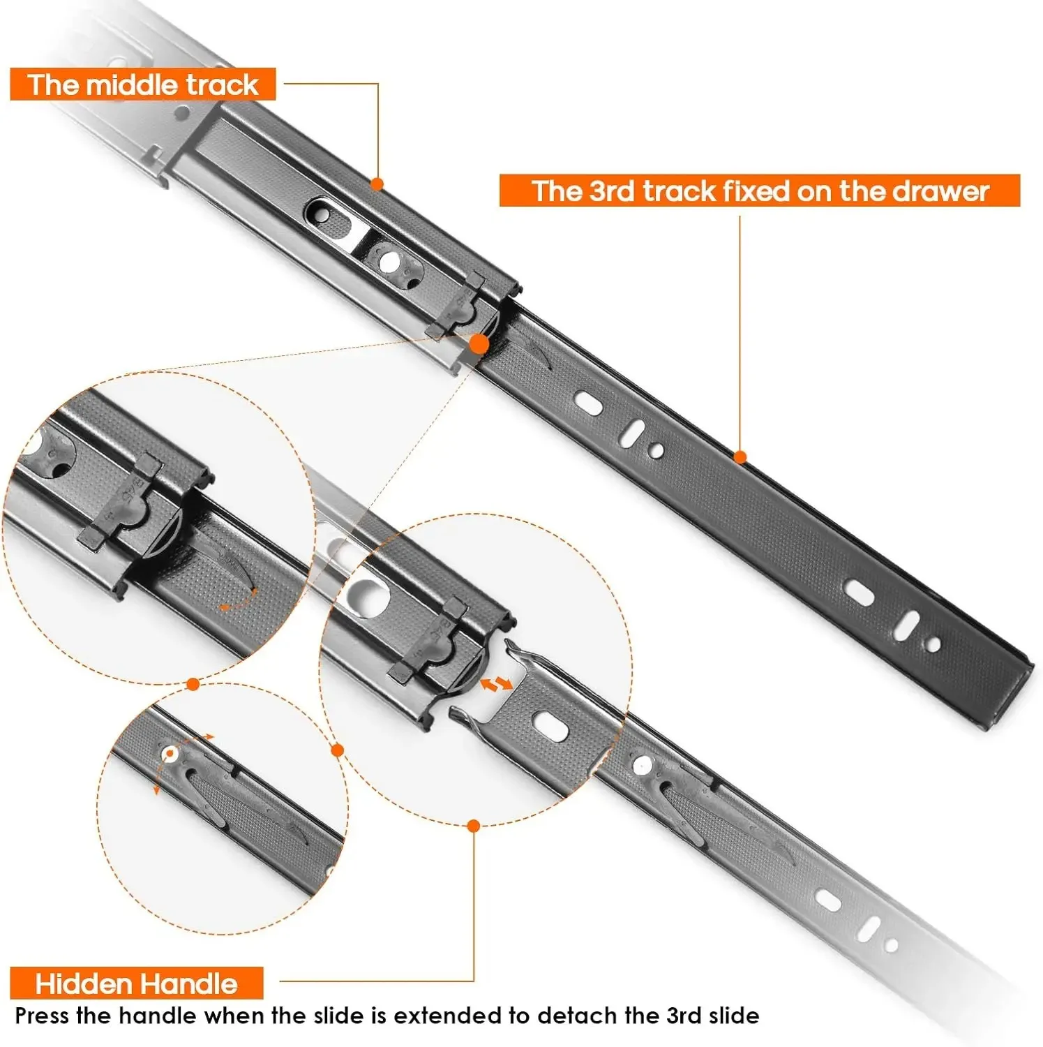 Picture 6: Cold Rolled Steel Hydraulic Damping Silent Three-Section Wardrobe Drawer Slides with Guide Rail Hardware