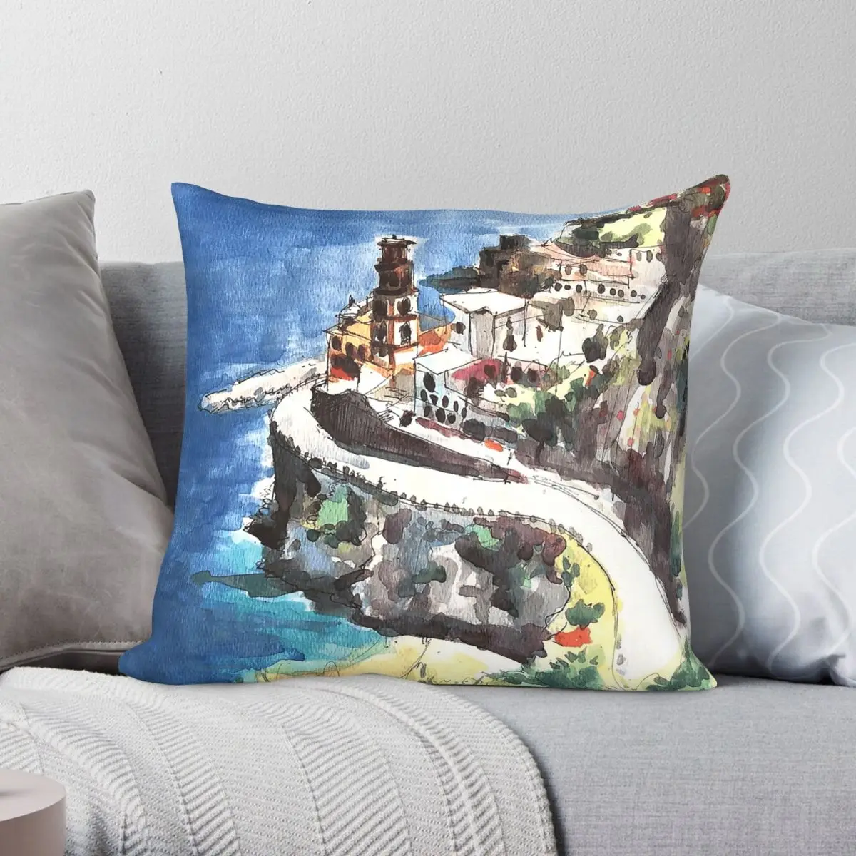 Amalfi Coast Positano Italy Square Pillowcase Polyester Linen Velvet Printed Zip Decor Bed Cushion Case