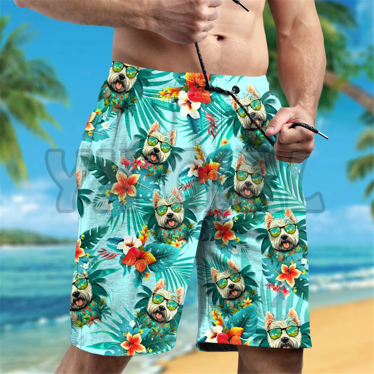 West Highland White Terrier Dog Wearing Sunglass Funny Colorful Hawaiian Shirt 3D Printed Hawaiian Shirt+Beach Shorts