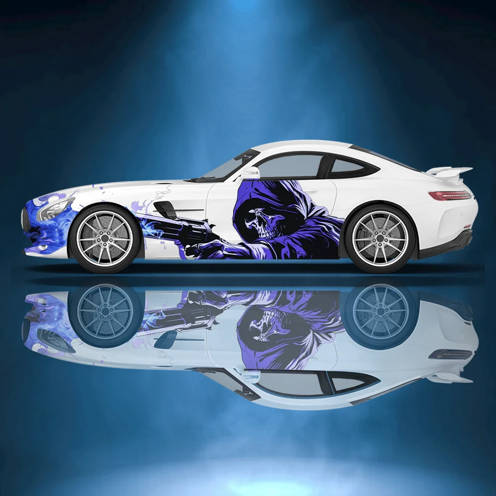 

Gun-holding Blue Flame Grim Reaper Car Vinyl Wrap Decal Self-adhesive PVC Sticker Suitable for Trucks SUV Decor Auto Accessories