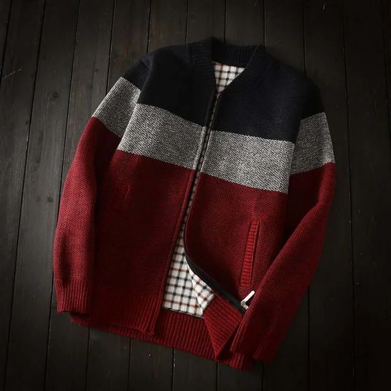 

Stand Collar Mens Cardigan Knitted Sweater Patchwork Thick Fleece Wool Casual Knitwear Men Clothing Veste Hiver Homme