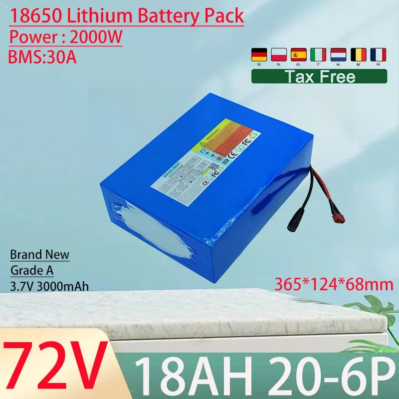 72V 18Ah 18650 20S6P Lithium Ion Battery Pack 2000W Power Tool Batteries Outdoor Backup Batteries With 30A BMS