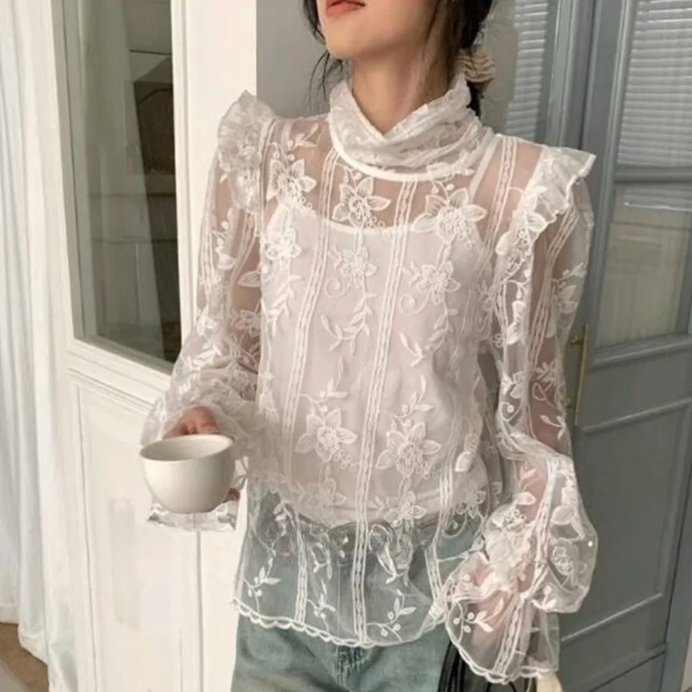 Neploe Lace Elegant Embroidery French Style Shirt Hollow Out 2025 Early Spring Ruffles Flare Mujer Stand Collar Pullover Blusas