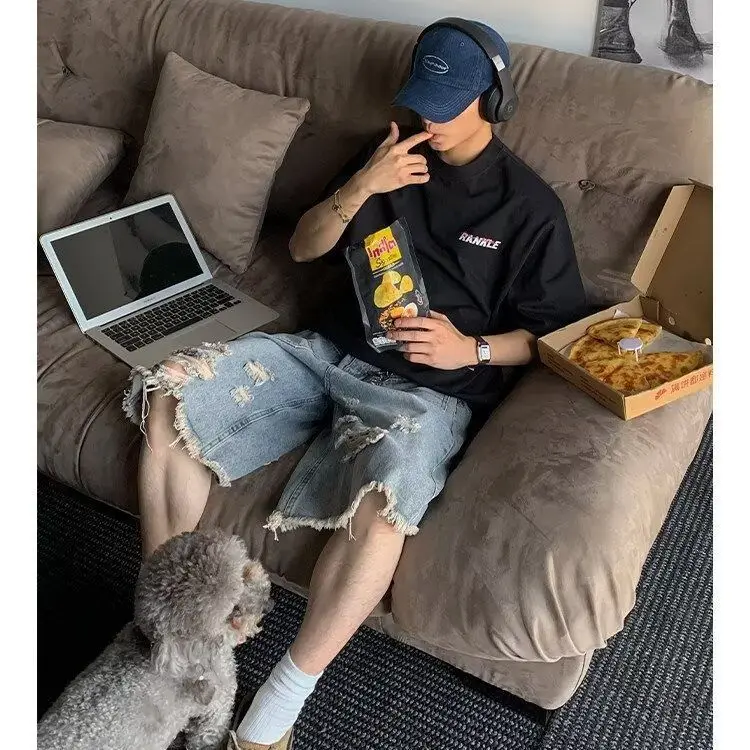 American Retro Washed Casual Five-point Ripped Rough Edge Jeans Shorts Men's Summer New Loose Shorts