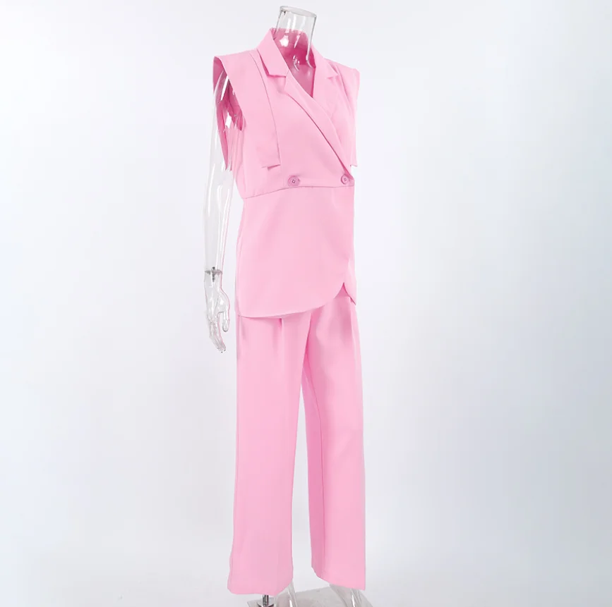 

Розовый нежный стильный костюм без рукавов с воротником, свободный жилет с высокой талией и карманами, широкие брюки, летние модные повседневные комплекты костюмов для женщин