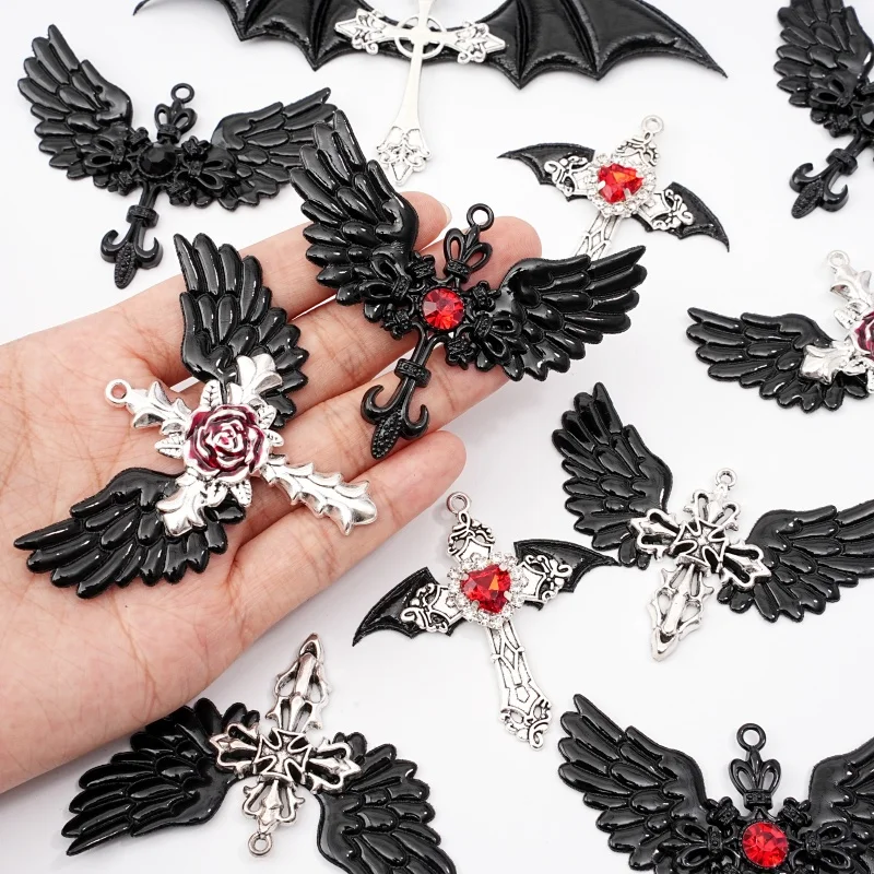 1Pc Gothic Wing Cross Pendant Mixed Style Angel Bat Wing Rose Water Diamond Cross Pendant Necklace Jewelry Making Accessories