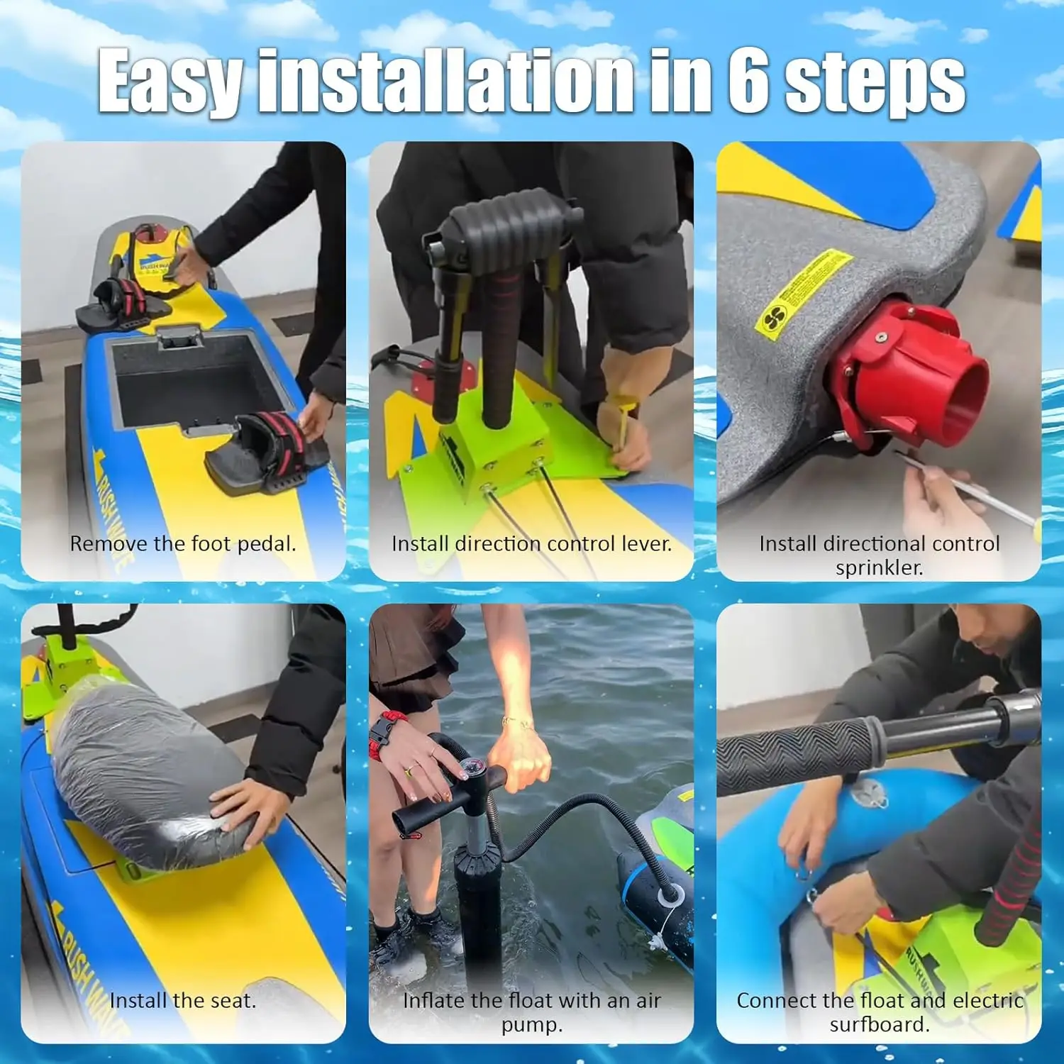 مجموعة ملحقات ركوب الأمواج الكهربائية مع مقعد توجيه وقت تشغيل 60 دقيقة لركوب الأمواج في مياه المحيط (سرعة 55 كم/ساعة)