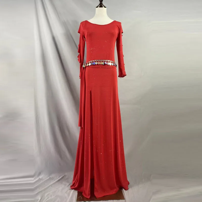 

Women Belly Dance Rose Red Suspender Dress Practice Set Oriental Dance Long dress + Waist Chain Robe Dance Costume Customization