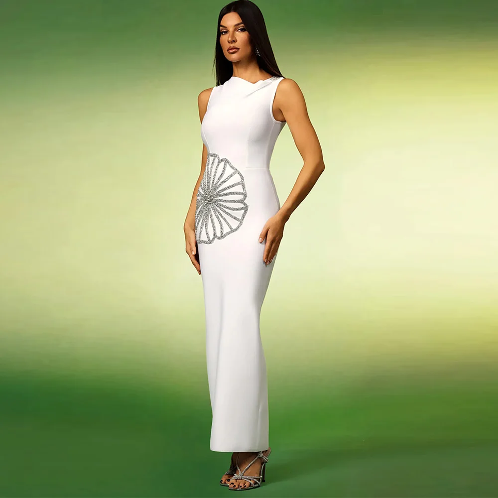 White Crew Neck Sleeveless Evening Dress Customized Classic Crystal Party Dress Ankle Length Zipper Back Homecoming Dress