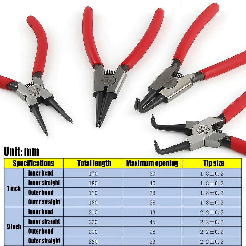 1PCS 6/7/9 Inch Snap Ring Pliers Circlip Pliers Internal External Circlip Remover Installation Tool Straight/Curved Jaw Tip