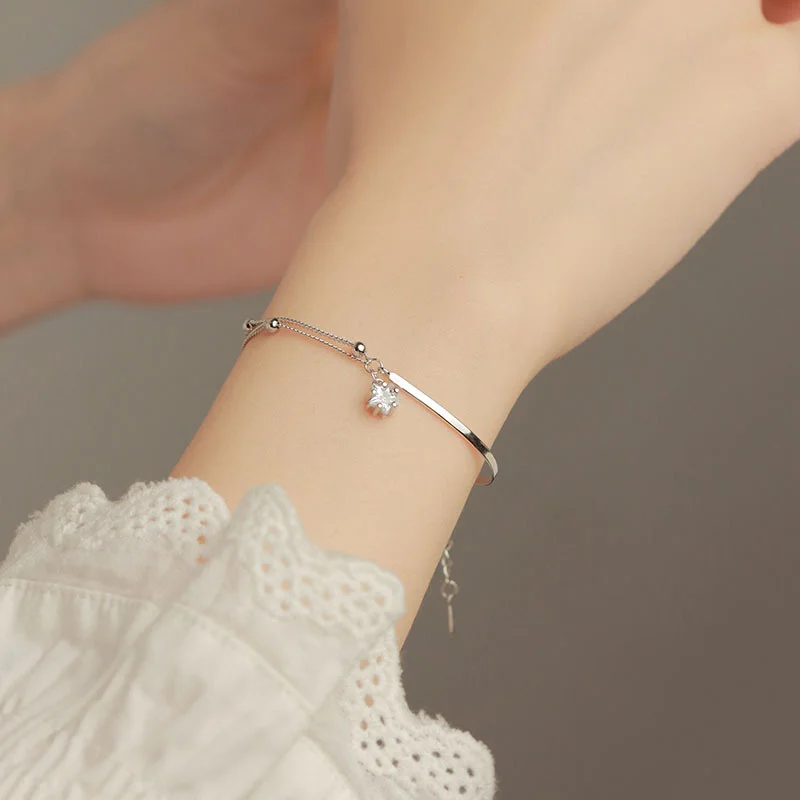 Trendy 925 Silver Double Layer Chain Bracelet For Lady Hand Accessories Shiny Zircon Star Pendant Bracelet Women Jewelry Gift