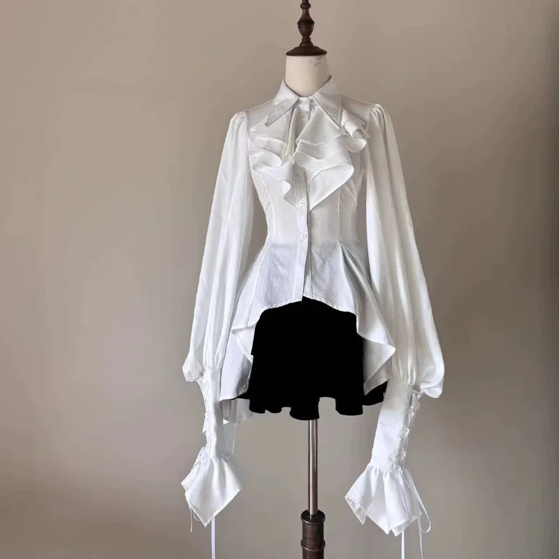 

Gothic Blouse Black Women Japanese Vintage Lolita Irregular Shirt Bandage Flare Sleeves White Ruffles Y2k Aesthetic Kawaii Tops
