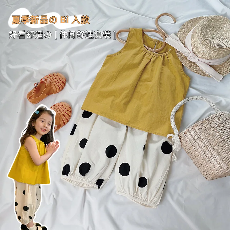 Girls' Refreshing Vest Suit Summer New Western Style Sleeveless Top Casual Polka Dot Trendy2024Summer