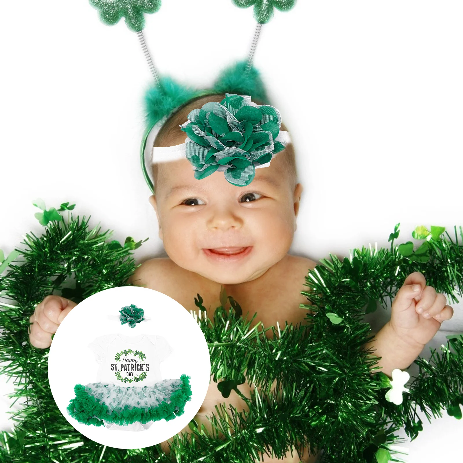 

1Set Cartoon Letter Jumpsuit Shamrock Outfit Comfortable Breathable Skinfriendly Fabric St Patrick's Day Girl Green Tutu Party