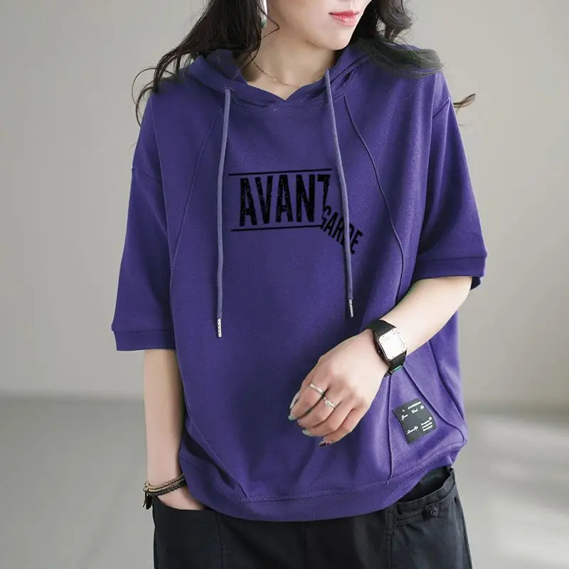 2024 New Summer Fashion Age Reducing Leisure Sports Loose Oversized Versatile Letter Printed Short Sleeved Women\'s Hoodie