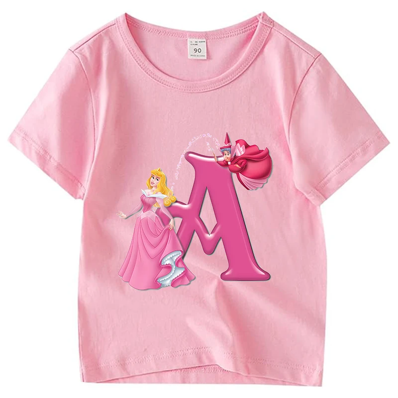 Princess Disney Letter T-Shirt Summer Cotton Printed A-Z Alphabet Girls T Shirts Cartoons Children's Casual Tops Birthday Gifts