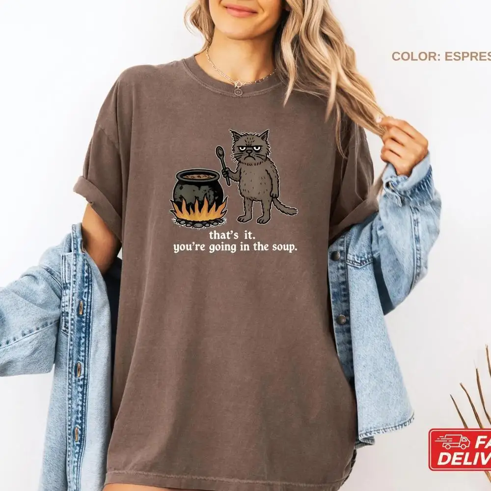 

Женская хлопковая футболка You Are Going in The Soup, саркастическая футболка с котом и мемом, рубашка с короткими рукавами и пародией, модные укороченные топы