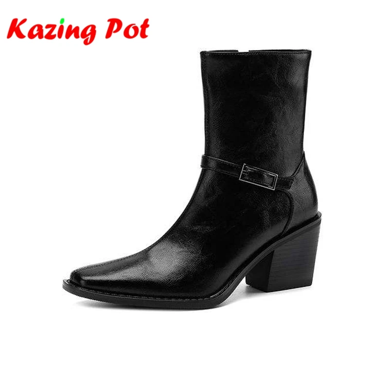 Krazing Pot Cow Skin Pointed Toe Square High Heel Zip Boots Warm Winter Shoes Office Lady Modern Fashion Big Size 42 Ankle Boots