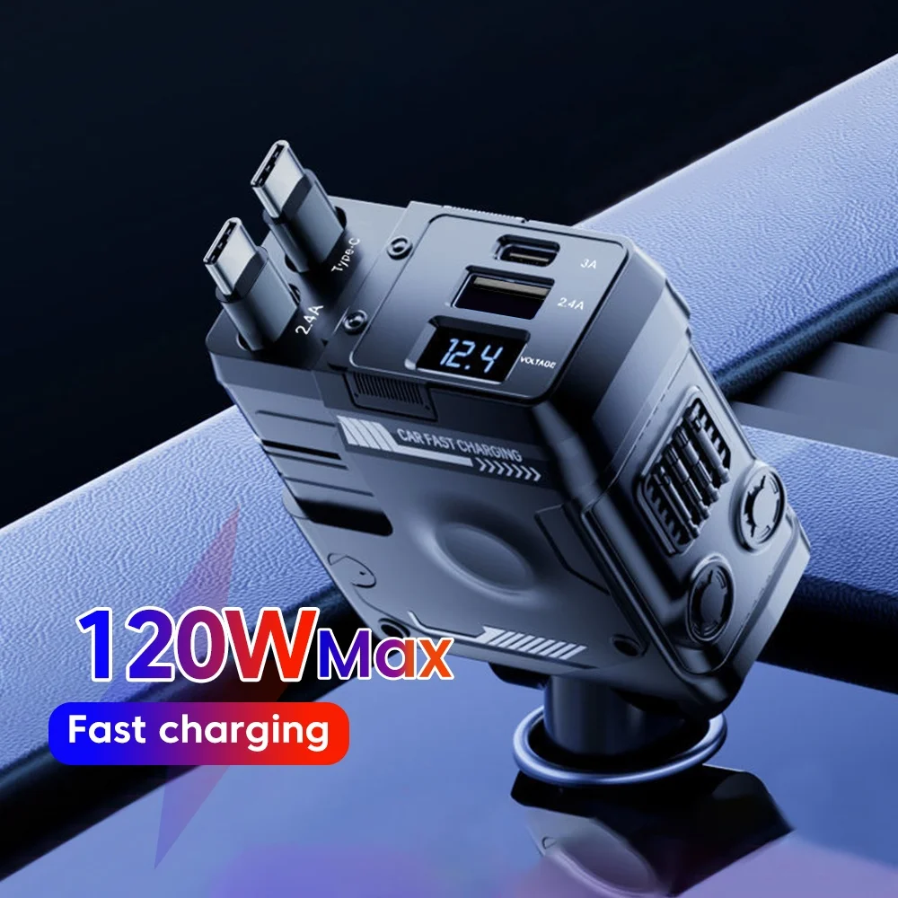 4-in-1 120W Retractable Car Charger Super Fast Charging Dual Type-C Adapter USB Cigarette Lighter For IPhone 15 Huawei Samsung