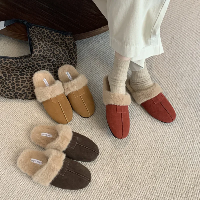 Leather lamb wool warm and fluffy snow shoes rabbit hair broached mop hair shoes women wear lazy half mop cotton shoes