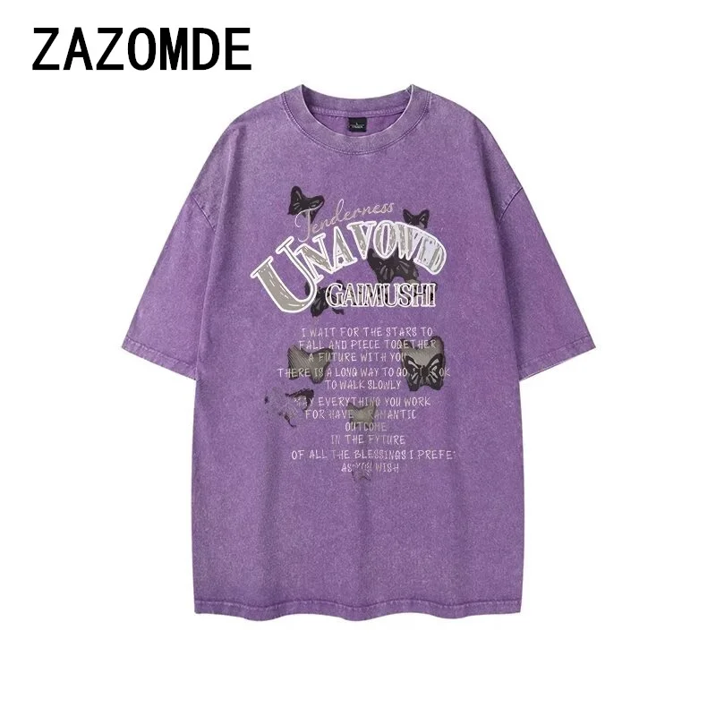 

ZAZOMDE Printed Letter Short Sleeve T-shirt Mens Butterfly Print Y2k Summer Streetwear Crew Neck Short-Sleeve Cotton Tee Men