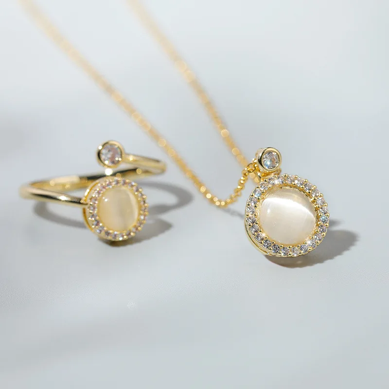 CARLIDANA Luxury Rotatable Gold Color Crystal Round Opal Pendant Necklaces/Earrings/Ring Stainless Steel Jewelry Set for Women