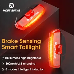 WEST BIKING Bicycle Rear Light 100Lumen USB Rechargeable Brake Sensing COB Lamp MTB Road Bike Cycling Tail Safety Taillight