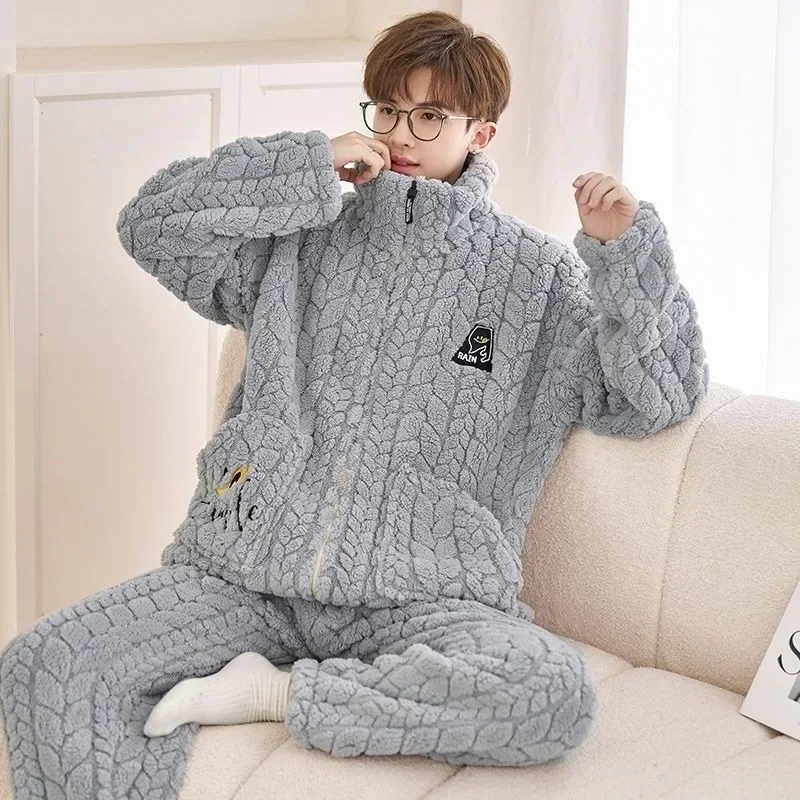 2024 New Men\'s Flannel Winter Coral Velvet Pajamas Male Youth Warm Loungewear Suit Thicken Larged Size Home Clothing Set Pijama