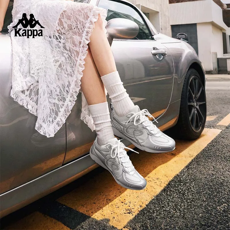 Kappa Men's and Women's Shoes, Silver Retro Sneakers, Mesh Breathable Soft-Soled Jogging Shoes, Trendy Casual Shoes for Couples