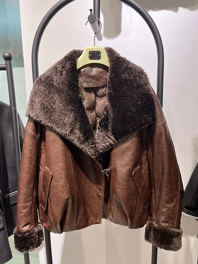 2025 المرأة الدافئة الطبيعية ميرينو الأغنام الفراء طوق معطف أوزة أسفل سترة حقيقية جلد الغنم سترة فضفاضة سترة منفوخة #3