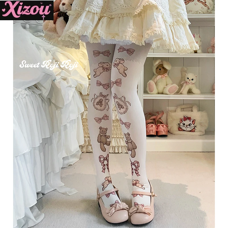 Japanese Sweet Cute Cartoon Printed Lolita Socks Women's Summer Autumn Skin Socks Velvet Printed Pantyhose Lolita Pantyhose