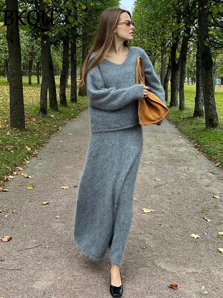 BKQU Elegant Solid Mohair Skirt Sets Women Autumn Winter Knit V Neck Pullover Sweater and Loose Long Skirt Fashion Two-piece Set