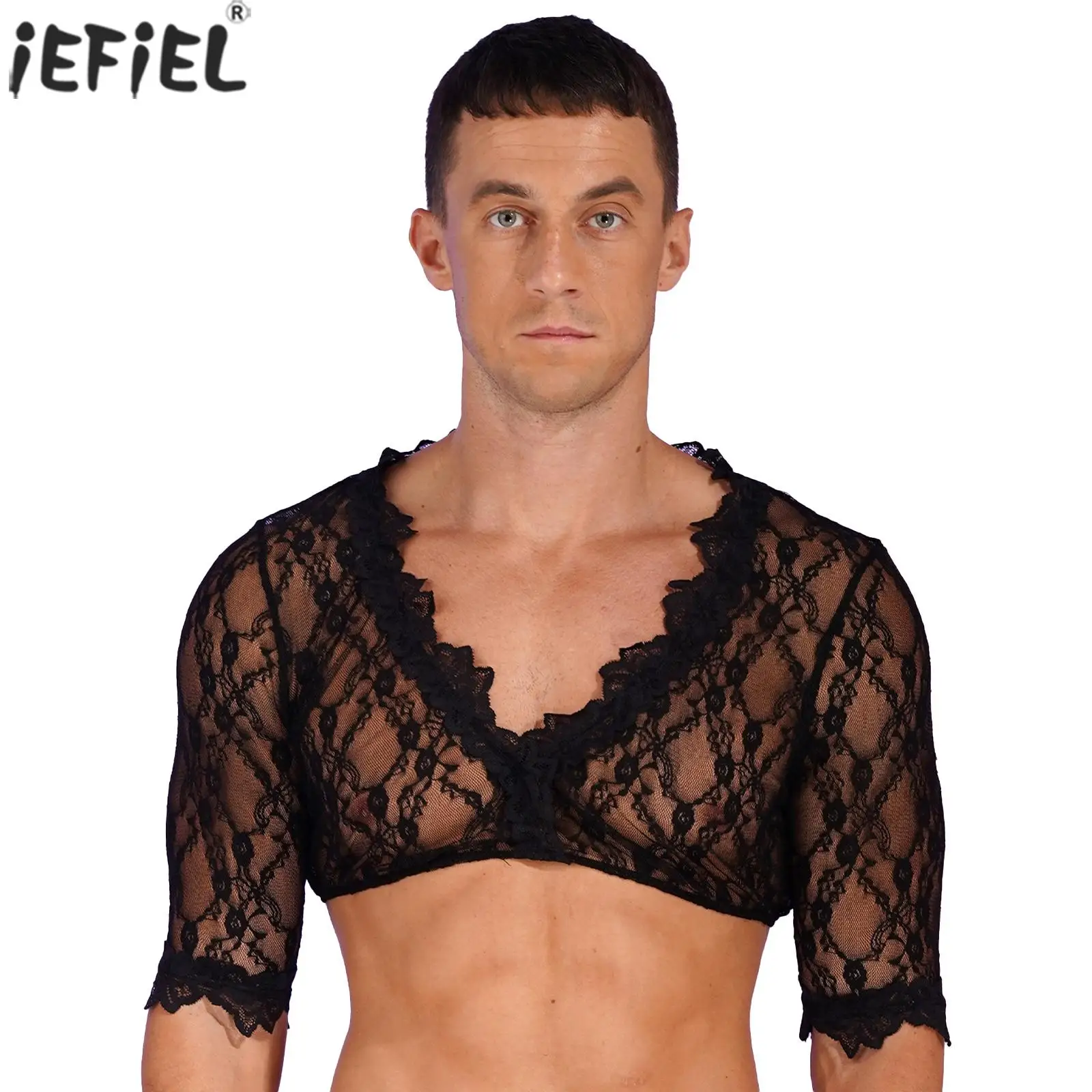 

Mens Deep V-Neck Exotic Lingerie Half Sleeve Crop Top Sheer See-through Lace Pullover Blouse Cross-Dresser Transvestite Costumes