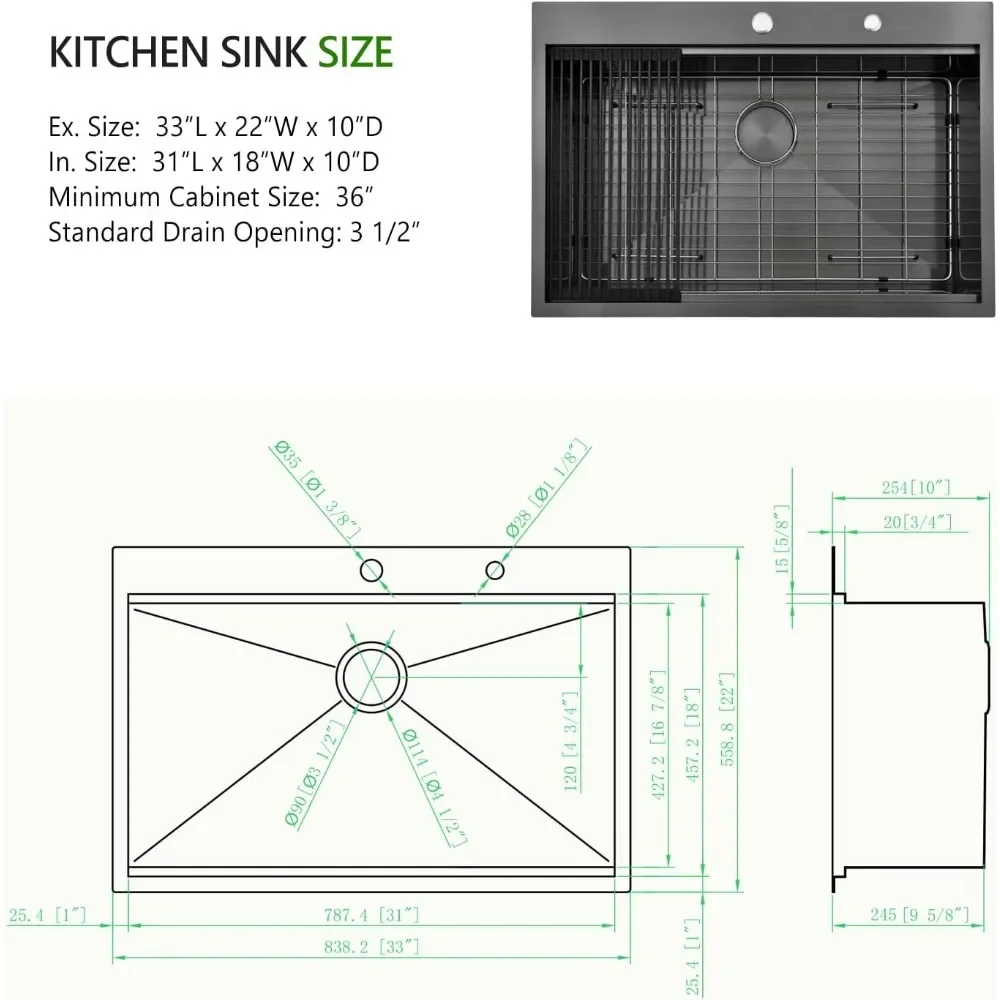 33x22 Inch Kitchen Sink,16Gauge Drop in Stainless Steel Sinks, Tompunt Single Bowl Worksation Black Kitchen Sink