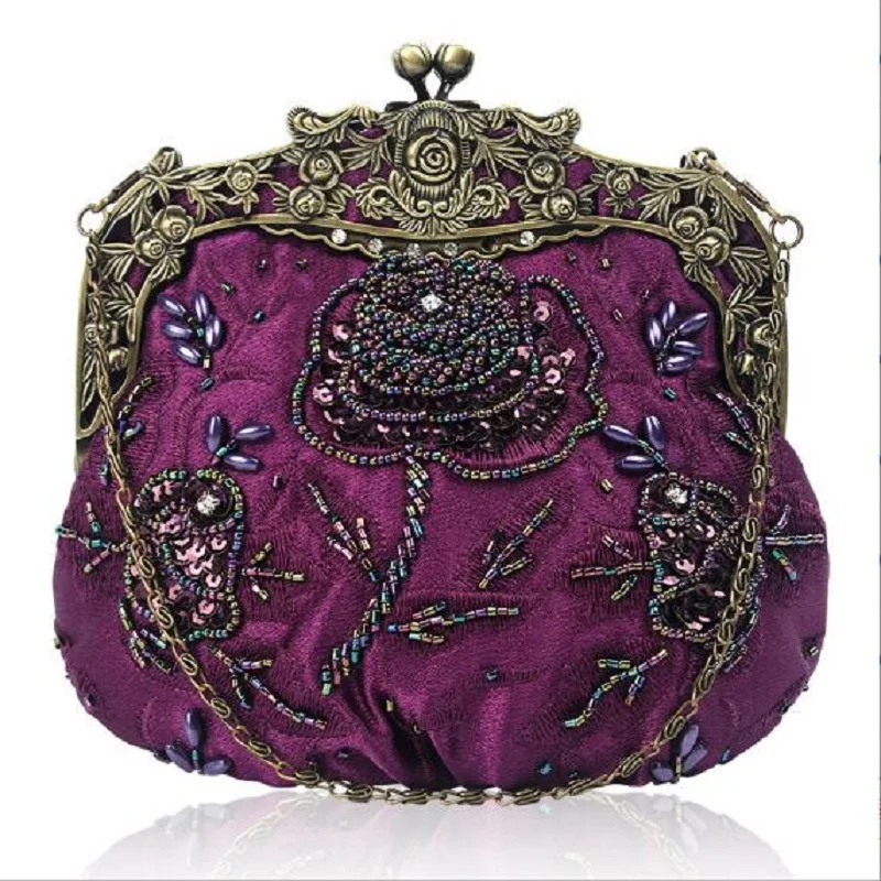 Hot Sale Women's New Fashion Cosmetic Bag Satin Clutch Bags Purse Handmade Embroidered Beaded Evening Party Chains Shoulder Bag