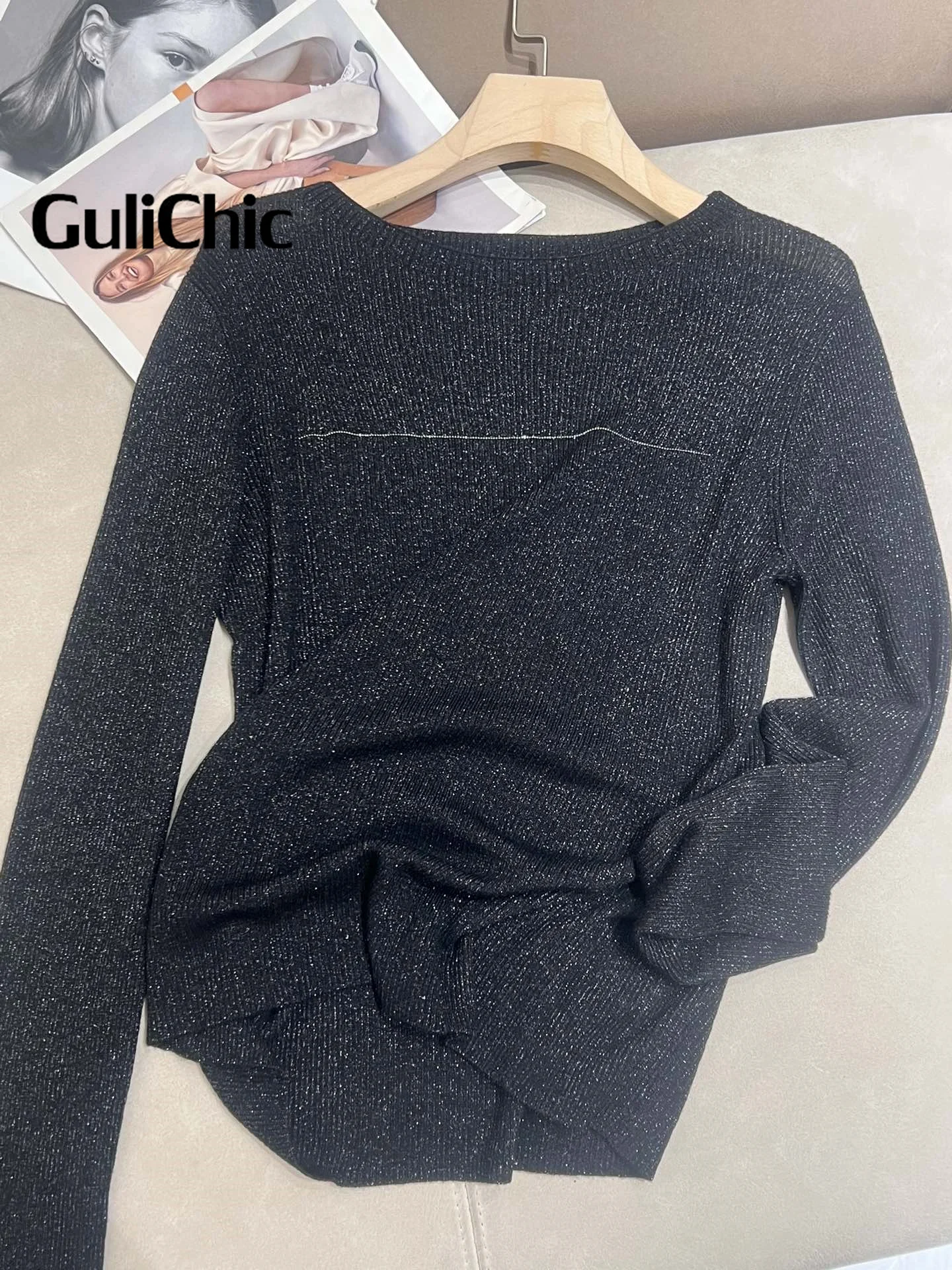 GuliChic-Pull Triblockchain à Perles Scintillantes pour Femme, Pullover Ultra-fin, Manches sulf, Base Décontractée, Tempérament Pit, JOY, 11.25