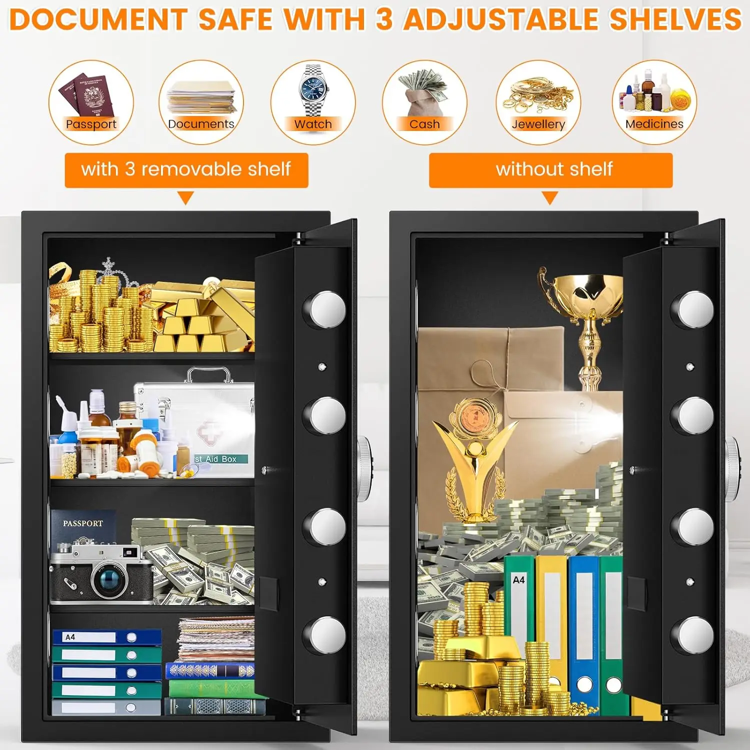 7.0 Cuft Large Fireproof Safe Box, Home Safes Water and Fireproof, Security Box with Digital Keypad, 3 Removable Shelves, Smart