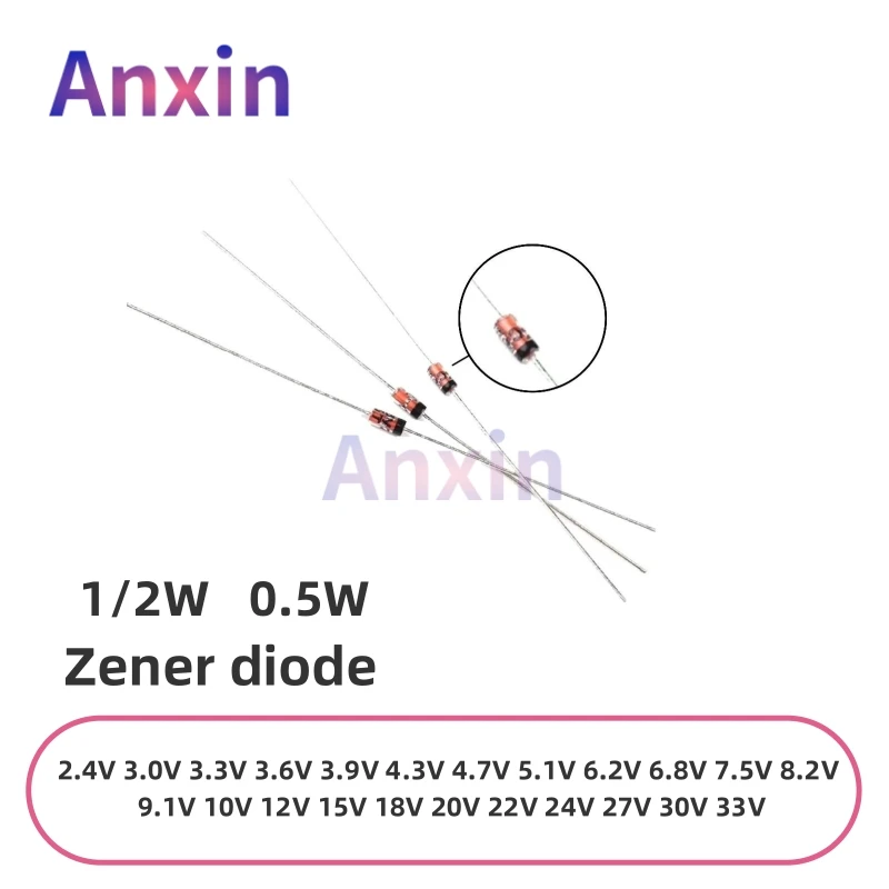 

100PCS 0.5W 1/2W Zener Diode DO-35 5% Tolerance 3.3V 5.1V 12V 24V 2.4V 9.1V 5V6 6V8 27V BZX55C (5-30V Assorted Voltages)
