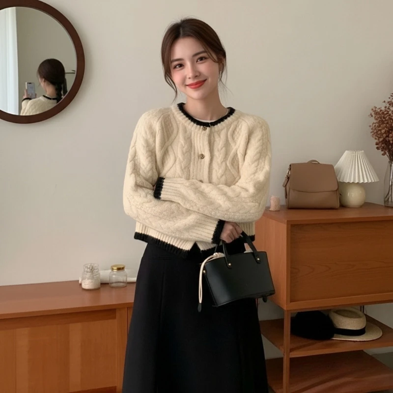 

Новый осенне-зимний женский кардиган с круглым вырезом, свитер, модное элегантное вязаное однобортное пальто с ромбовидным узором