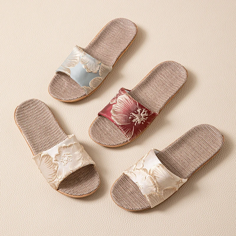 Pantoufles florales orientales en soie pour femmes, chaussures d'été élégantes en lin, mules silencieuses d'intérieur, unisexes, légères et antidérapantes